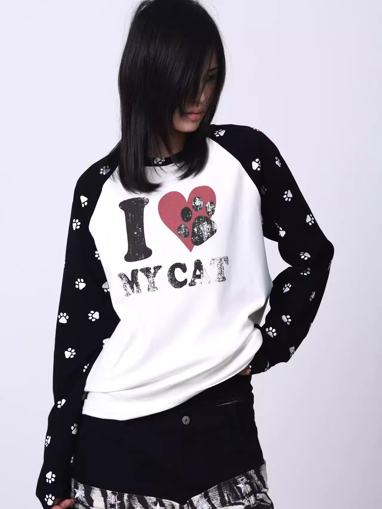 I LOVE MY CAT Contrast Panel Crewneck Long Sleeve Top