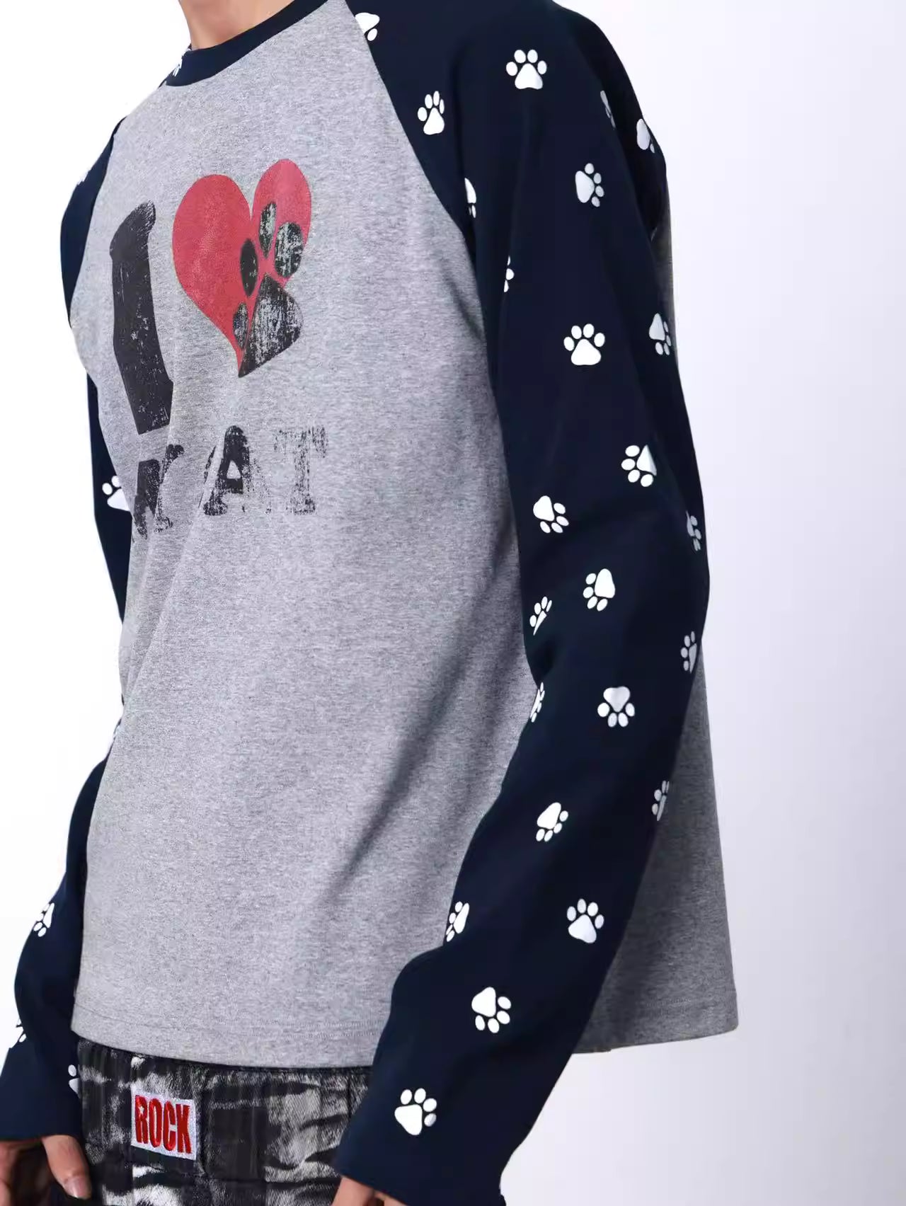 I LOVE MY CAT Contrast Panel Crewneck Long Sleeve Top