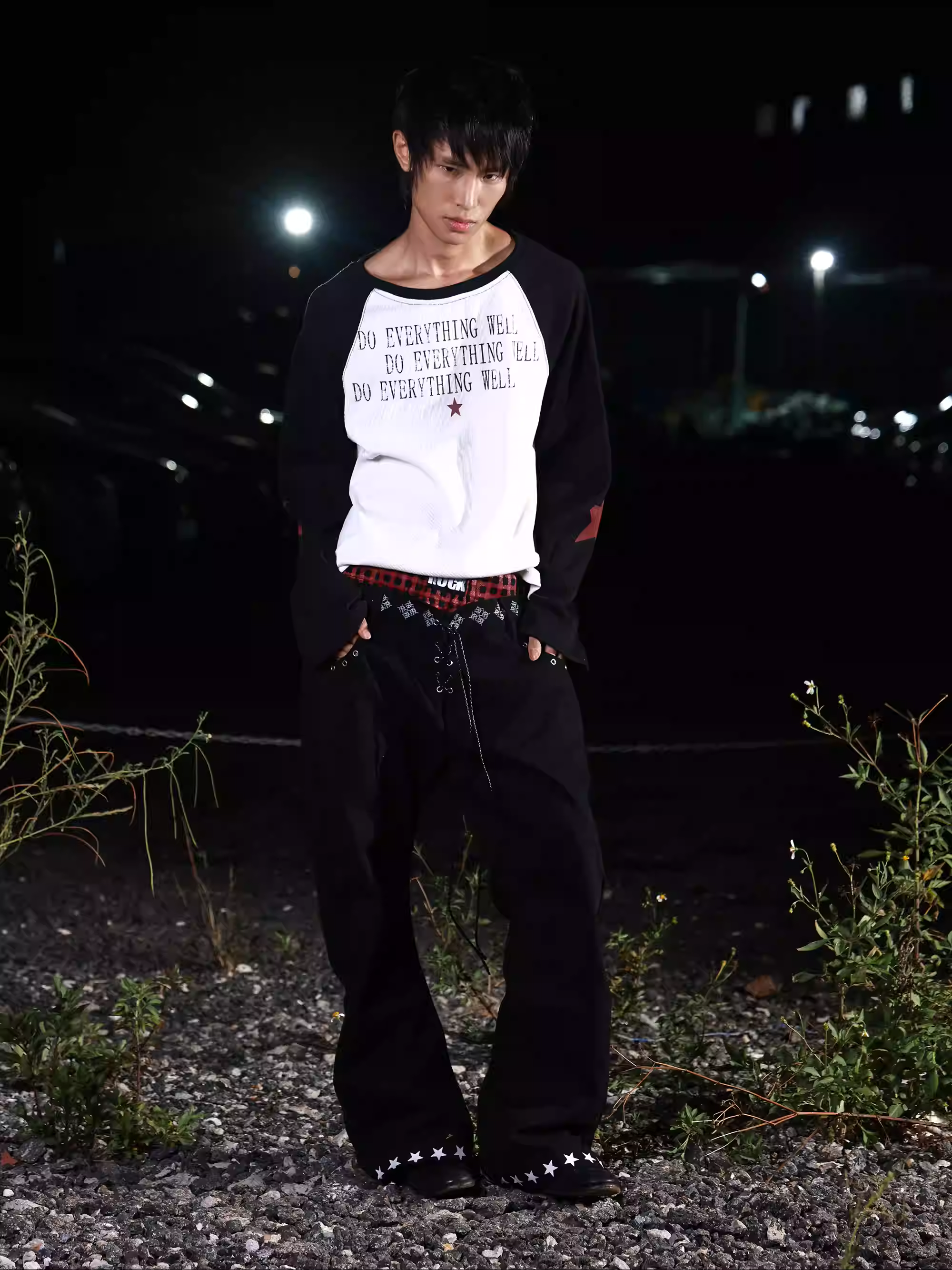 Red Star Slogan Ribbed Black & White Raglan Sleeve Top