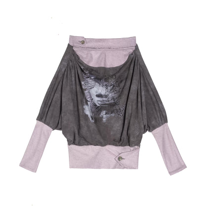 Layered-Look Loose Batwing Sleeve Graphic Bardot Top