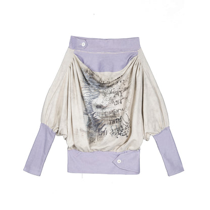 Layered-Look Loose Batwing Sleeve Graphic Bardot Top