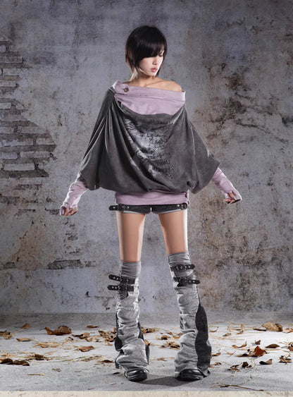 Layered-Look Loose Batwing Sleeve Graphic Bardot Top