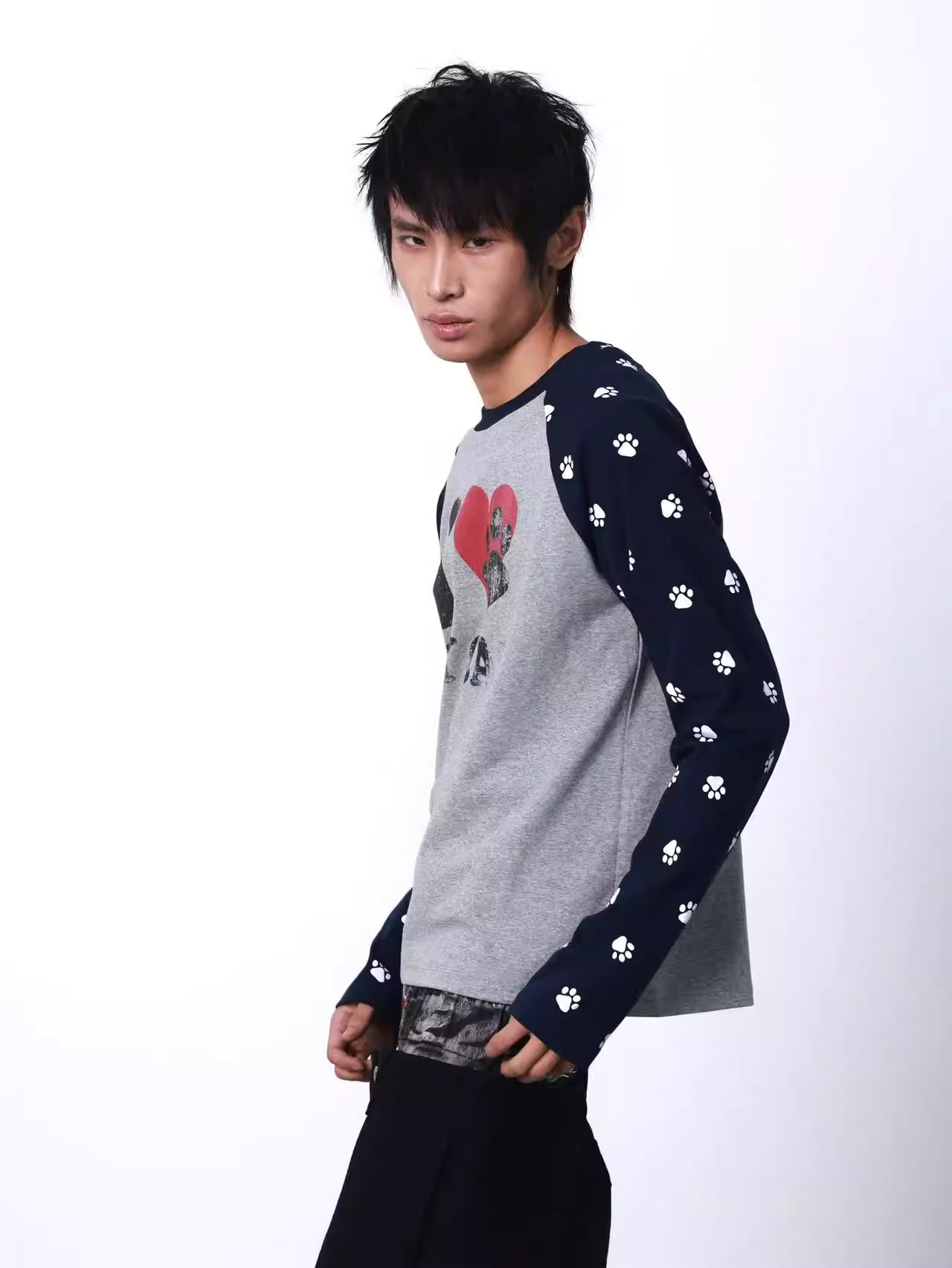 I LOVE MY CAT Contrast Panel Crewneck Long Sleeve Top