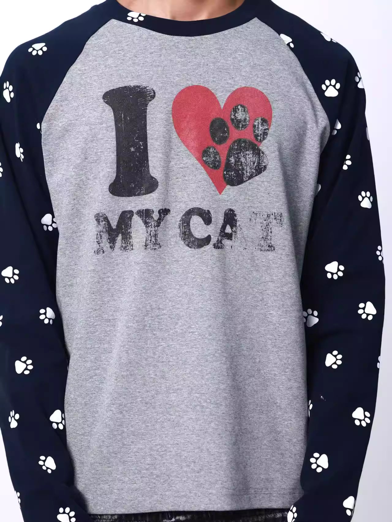 I LOVE MY CAT Contrast Panel Crewneck Long Sleeve Top
