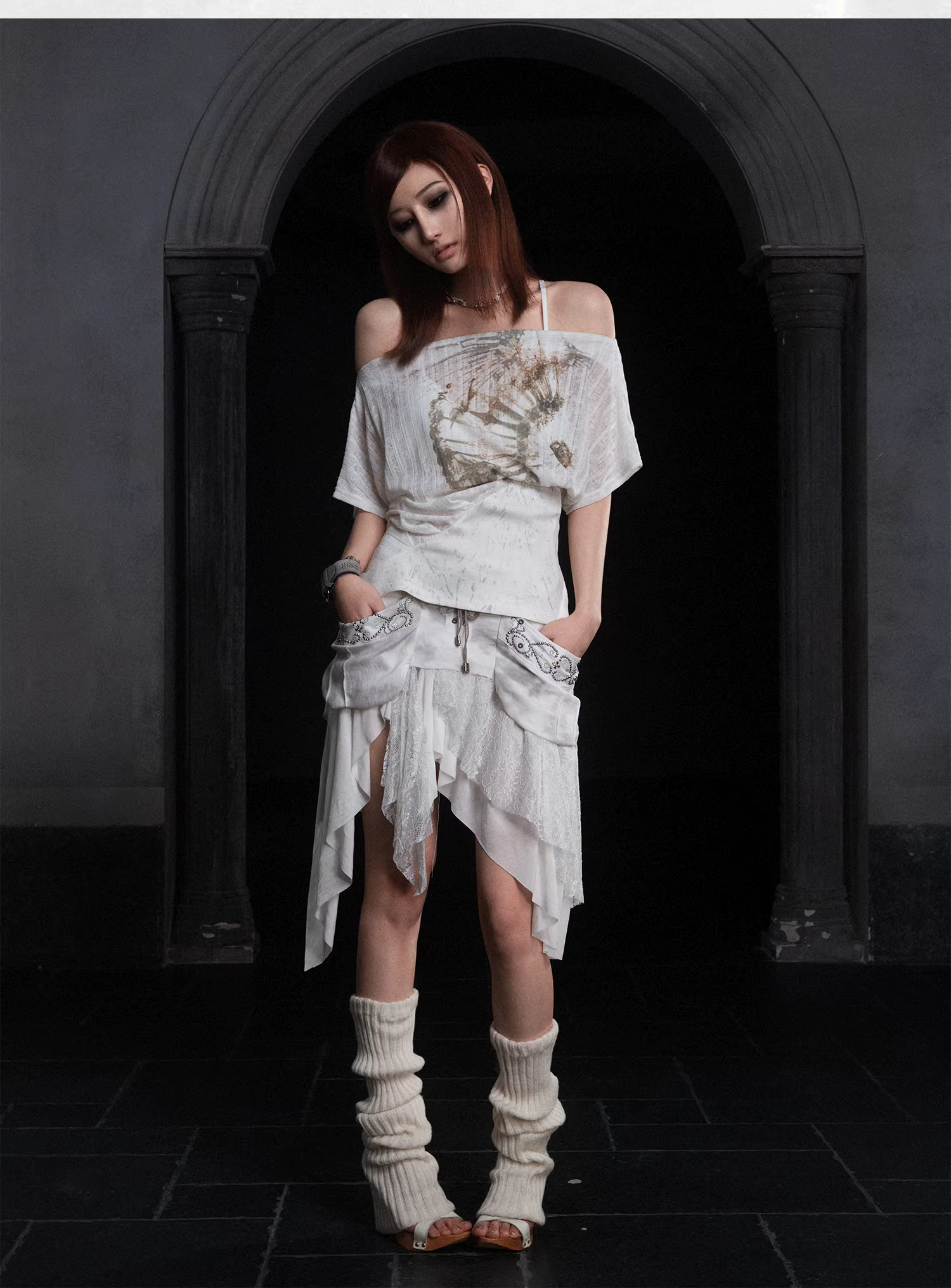 Sheer Printed Multi-Way Off-Shoulder Short Sleeve Tee