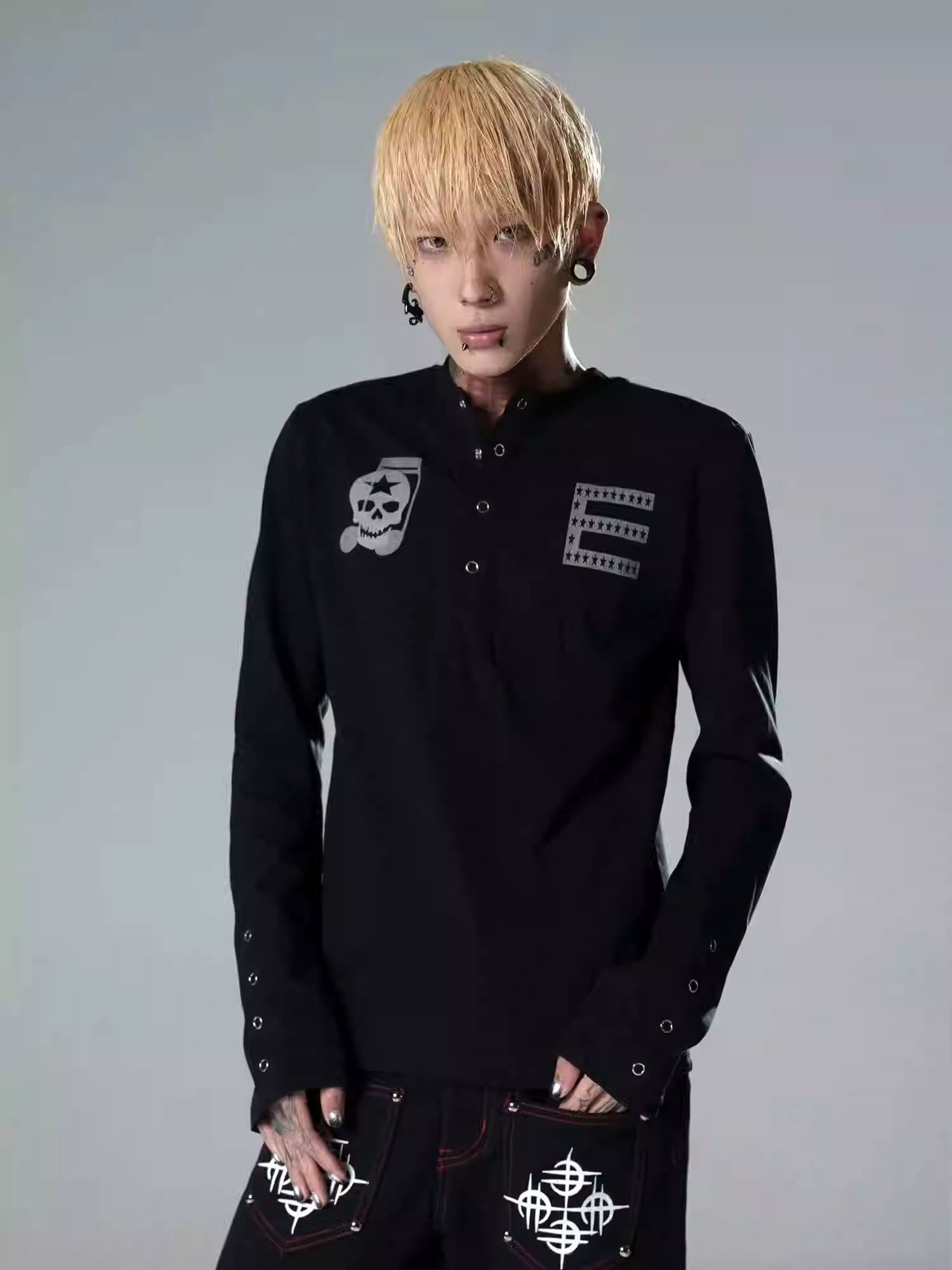 Skull Graphic Henley Long Sleeve Shirt