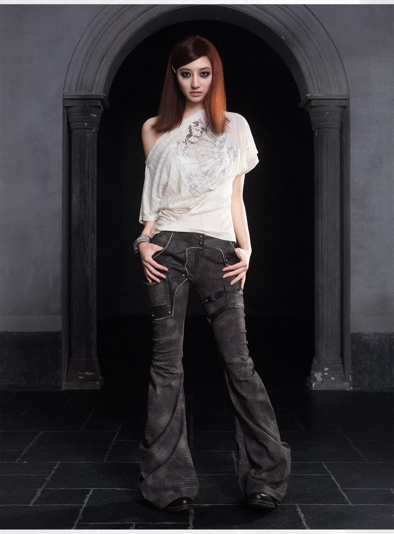 Sheer Printed Multi-Way Off-Shoulder Short Sleeve Tee