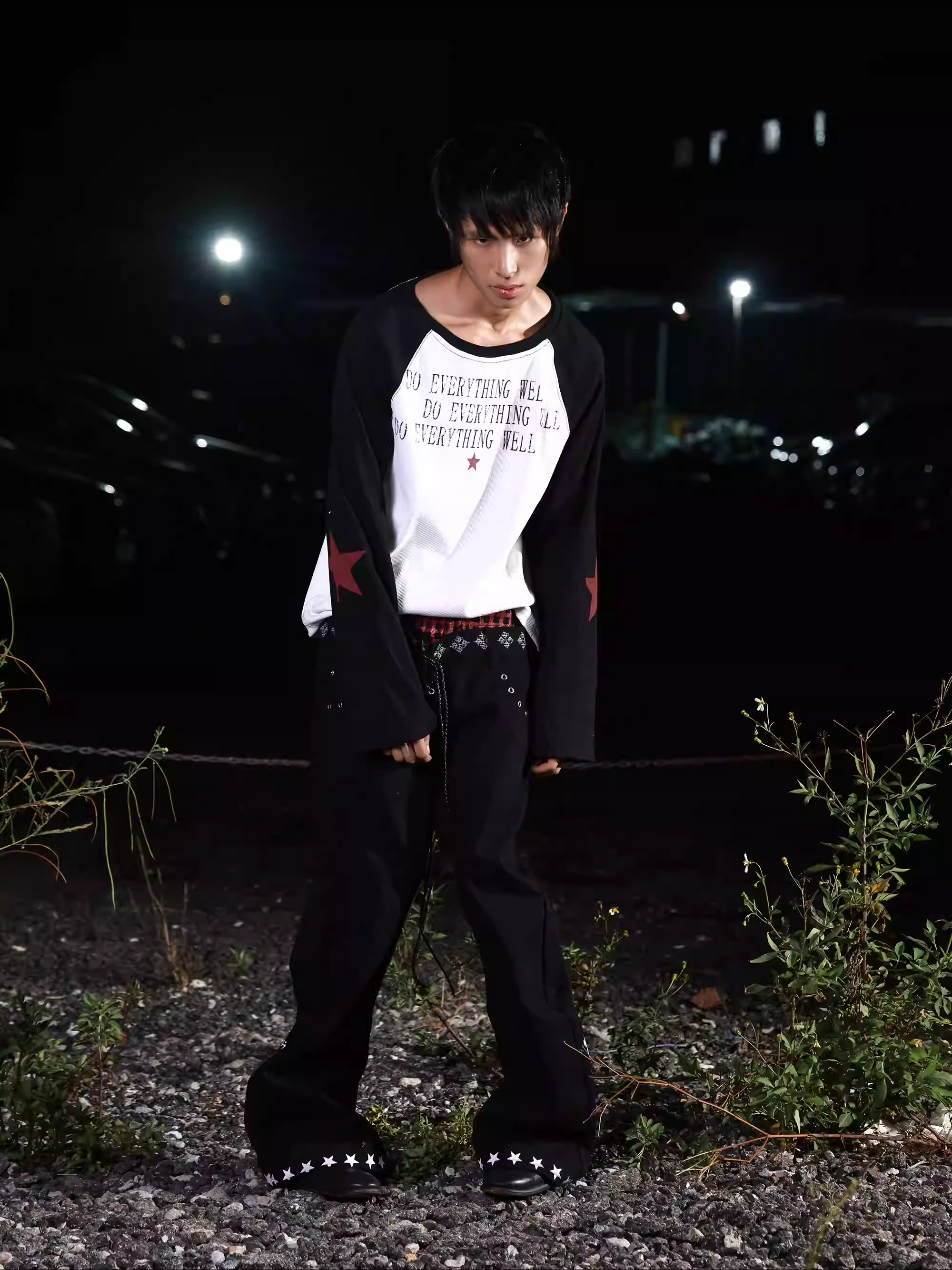 Red Star Slogan Ribbed Black & White Raglan Sleeve Top