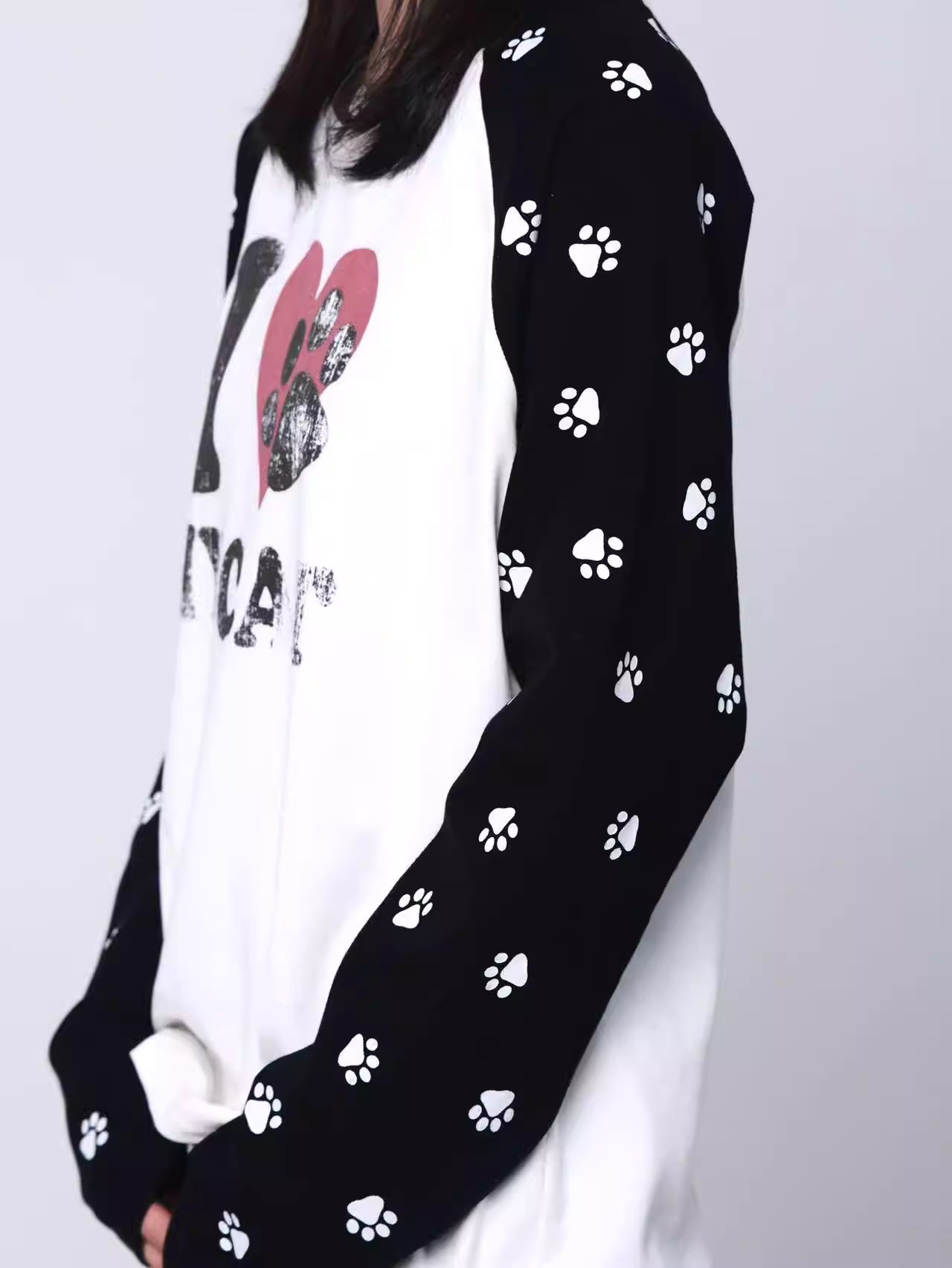 I LOVE MY CAT Contrast Panel Crewneck Long Sleeve Top