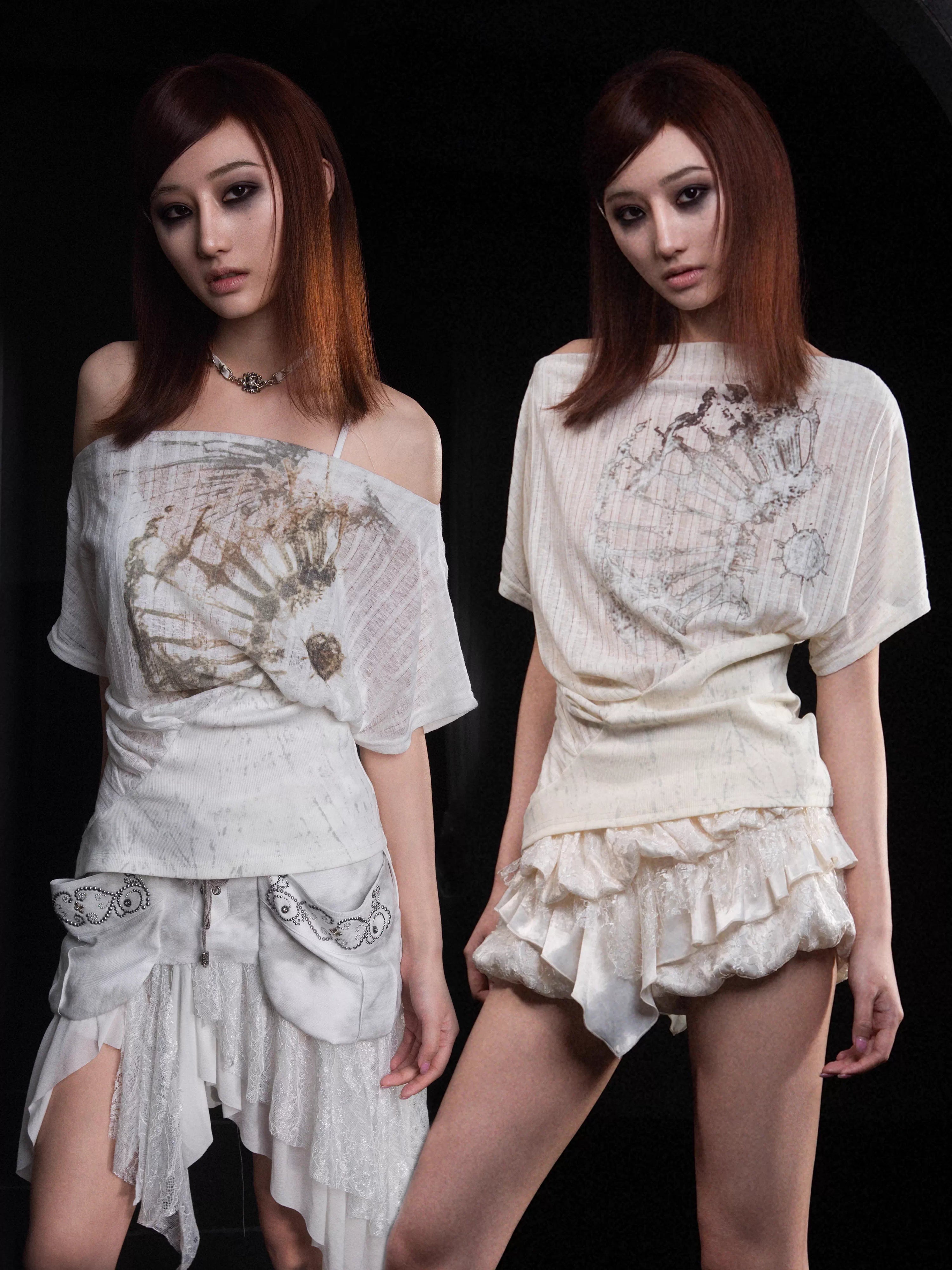 Sheer Printed Multi-Way Off-Shoulder Short Sleeve Tee