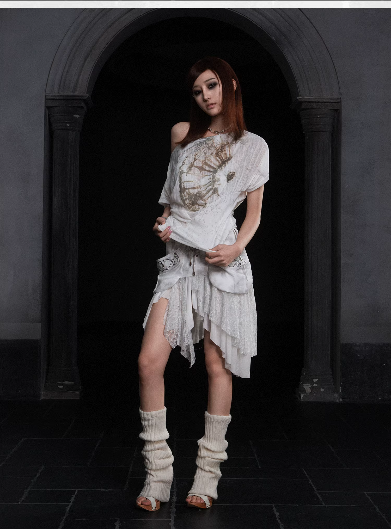 Sheer Printed Multi-Way Off-Shoulder Short Sleeve Tee