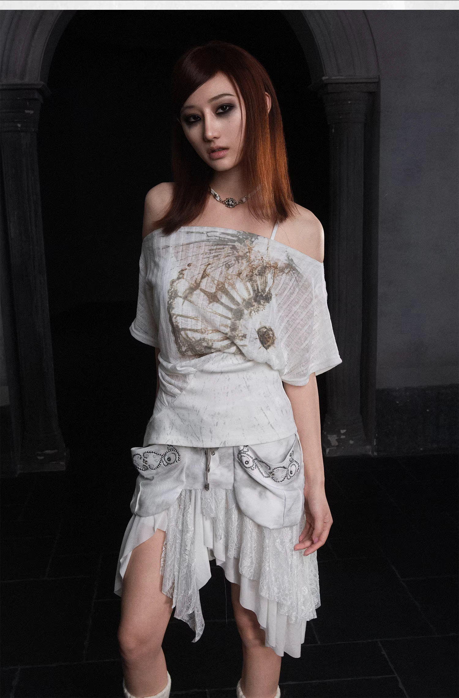 Sheer Printed Multi-Way Off-Shoulder Short Sleeve Tee